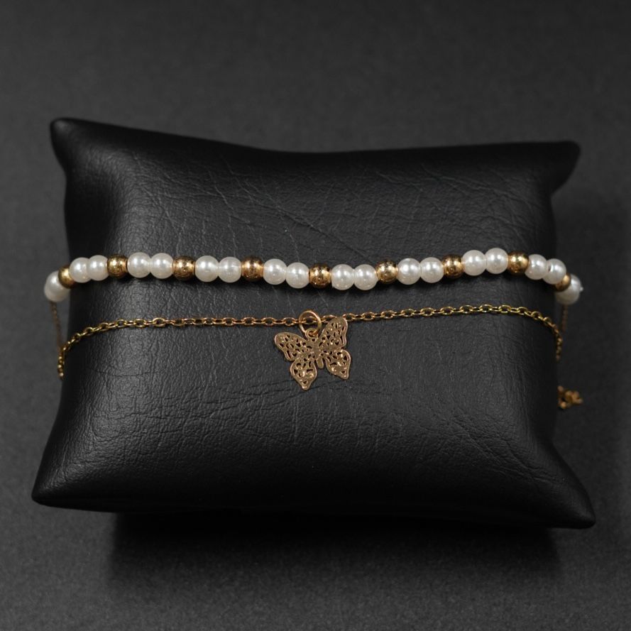 TOBILLERA MARIPOSA BLANCA PERLA ACERO